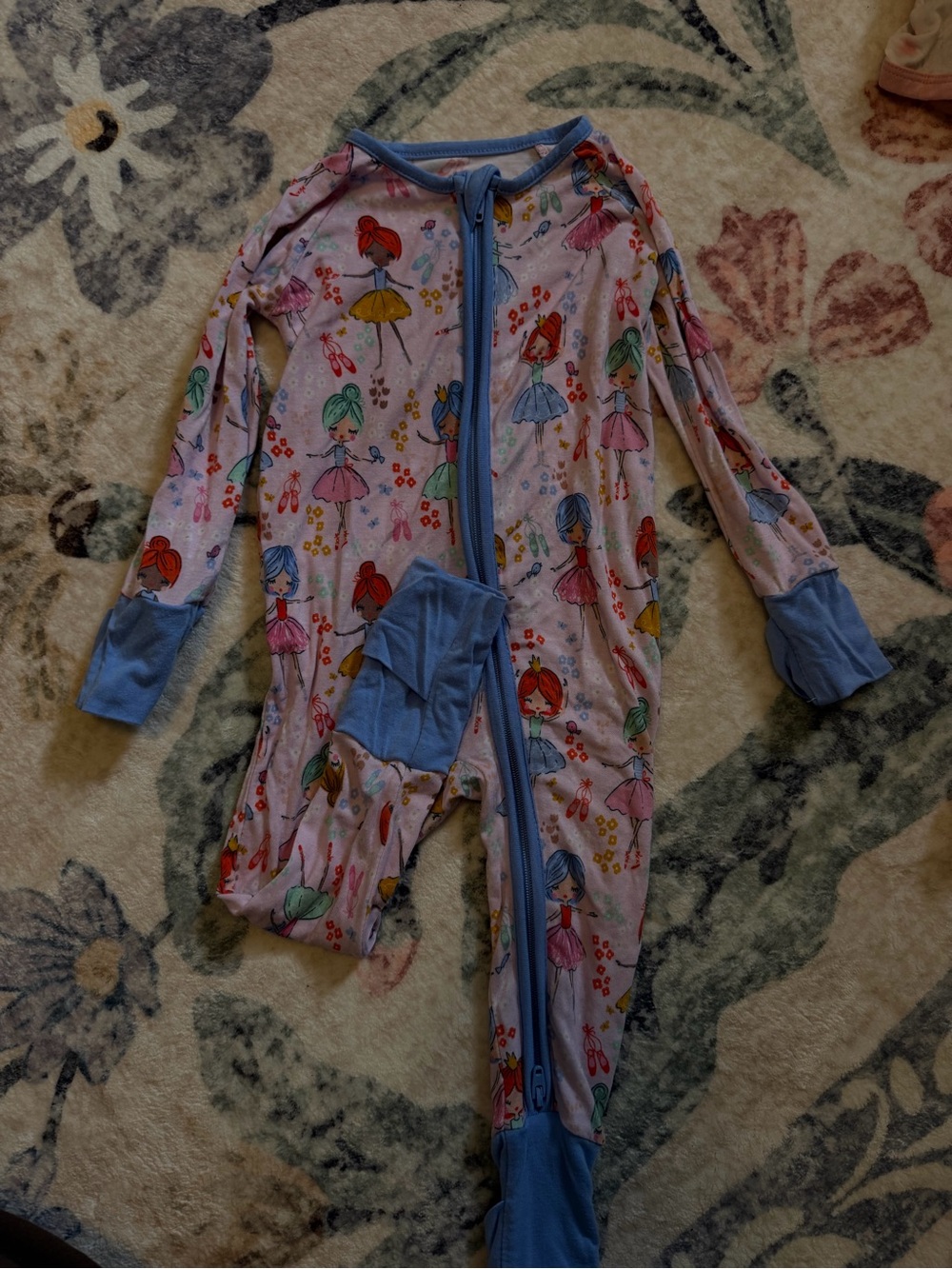 Little Sleepies Pink Ballerina Print Footed One-Piece with Blue Trim